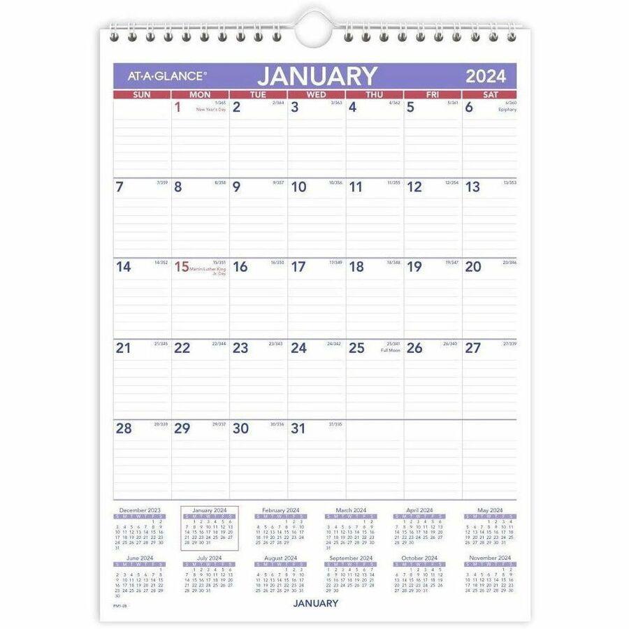 At-A-Glance Wall Calendar - Small Size - Julian Dates - Monthly - 12 Month - January 2024 - December 2024 - 1 Month Single Page Layout - 8" x 11" White Sheet - 1.06" x 1.50" Block - Wire Bound - White. Picture 1