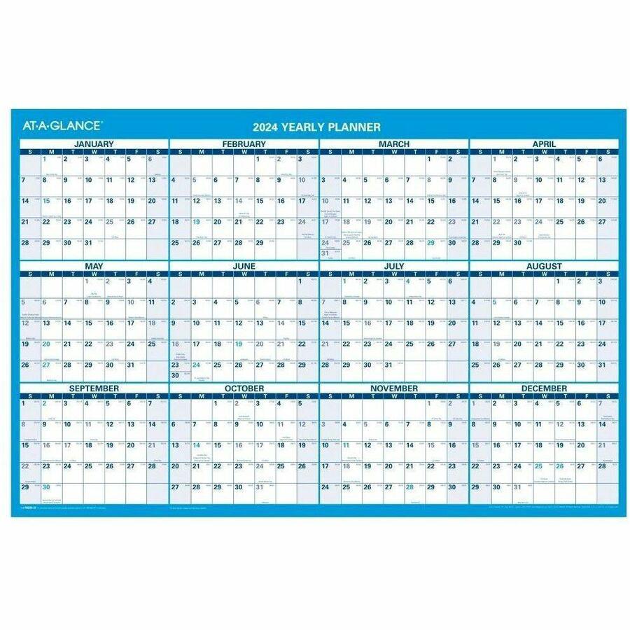 At-A-Glance Horizontal Reversible Erasable Wall Calendar - Large Size - Julian Dates - Yearly - 12 Month - January 2024 - December 2024 - 36" x 24" White Sheet - 1.25" x 1.25" Block - Blue, Gray - Lam. Picture 1