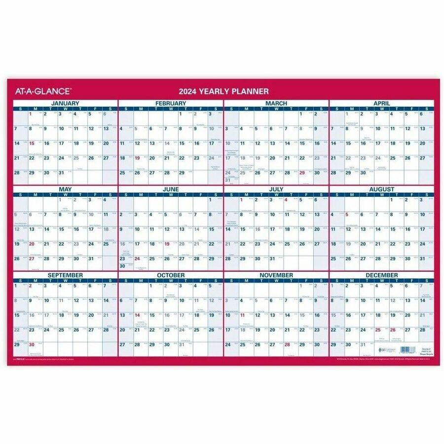 At-A-Glance Vertical Horizontal Reversible Wall Calendar - Large Size - Julian Dates - Yearly - 12 Month - January 2024 - December 2024 - 36" x 24" White Sheet - 1.25" x 1.25" , 1.38" Block - Blue, Wh. Picture 1