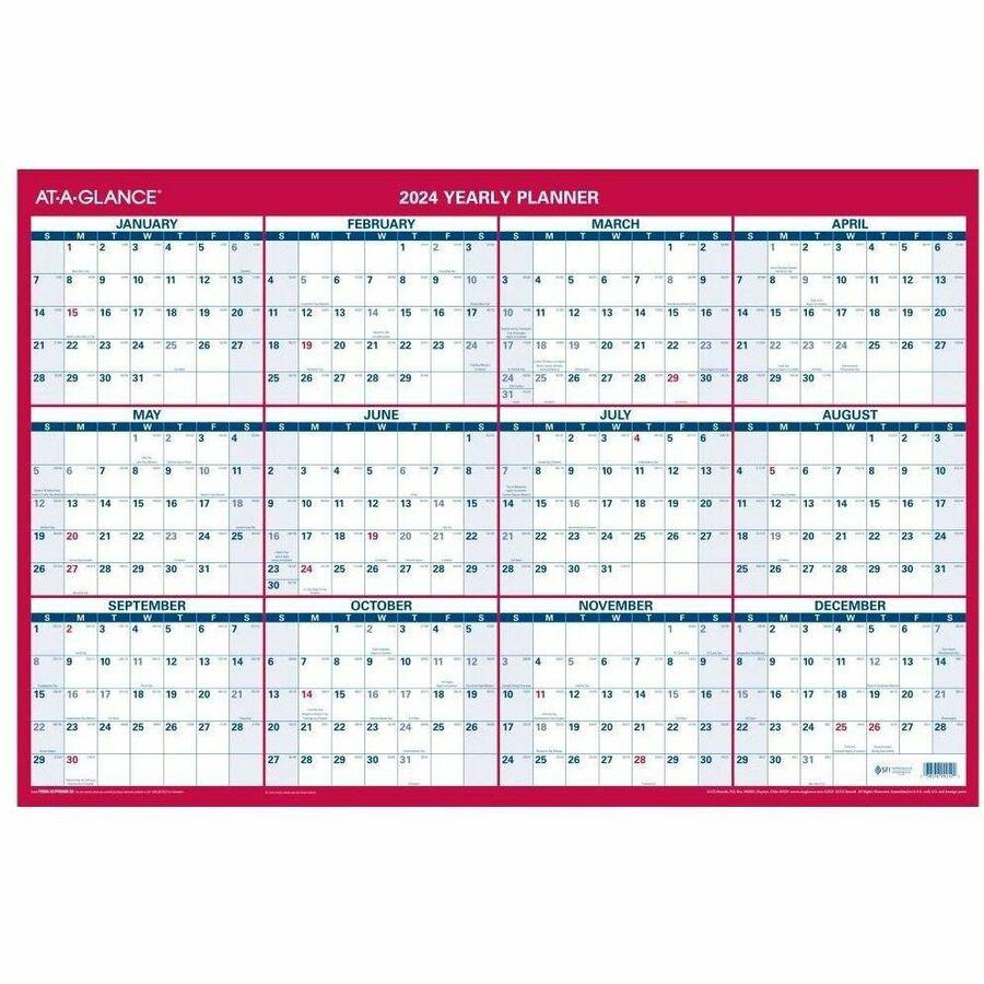 At-A-Glance Vertical Horizontal Reversible Erasable Wall Calendar - Large Size - Julian Dates - Yearly - 12 Month - January 2024 - December 2024 - 36" x 24" White Sheet - 1.25" x 1.25" , 1.38" Block -. Picture 1