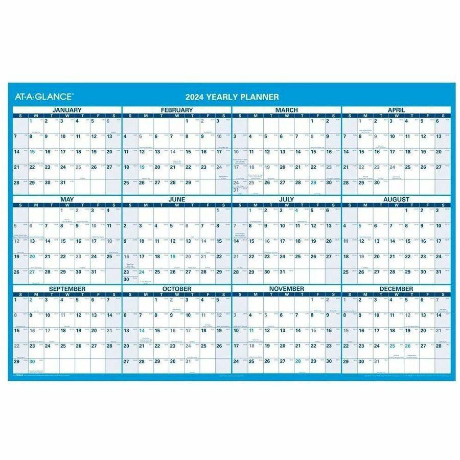 At-A-Glance Horizontal Reversible Erasable Wall Calendar - Extra Large Size - Julian Dates - Yearly - 12 Month - January 2024 - December 2024 - 48" x 32" White Sheet - 1.63" x 1.50" Block - Gray - Lam. Picture 1