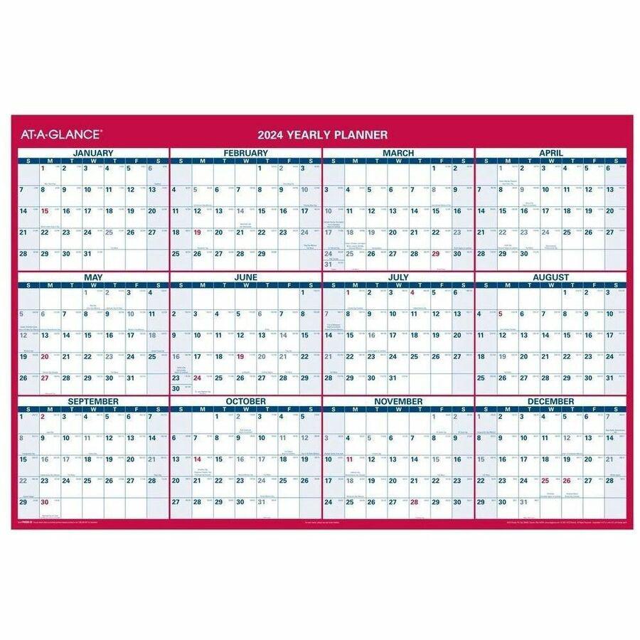At-A-Glance Vertical Reversible Horizontal Erasable Wall Calendar - Extra Large Size - Julian Dates - Yearly - 12 Month - January 2024 - December 2024 - 48" x 32" White Sheet - 1.25" x 1.88" , 1.63" x. Picture 1