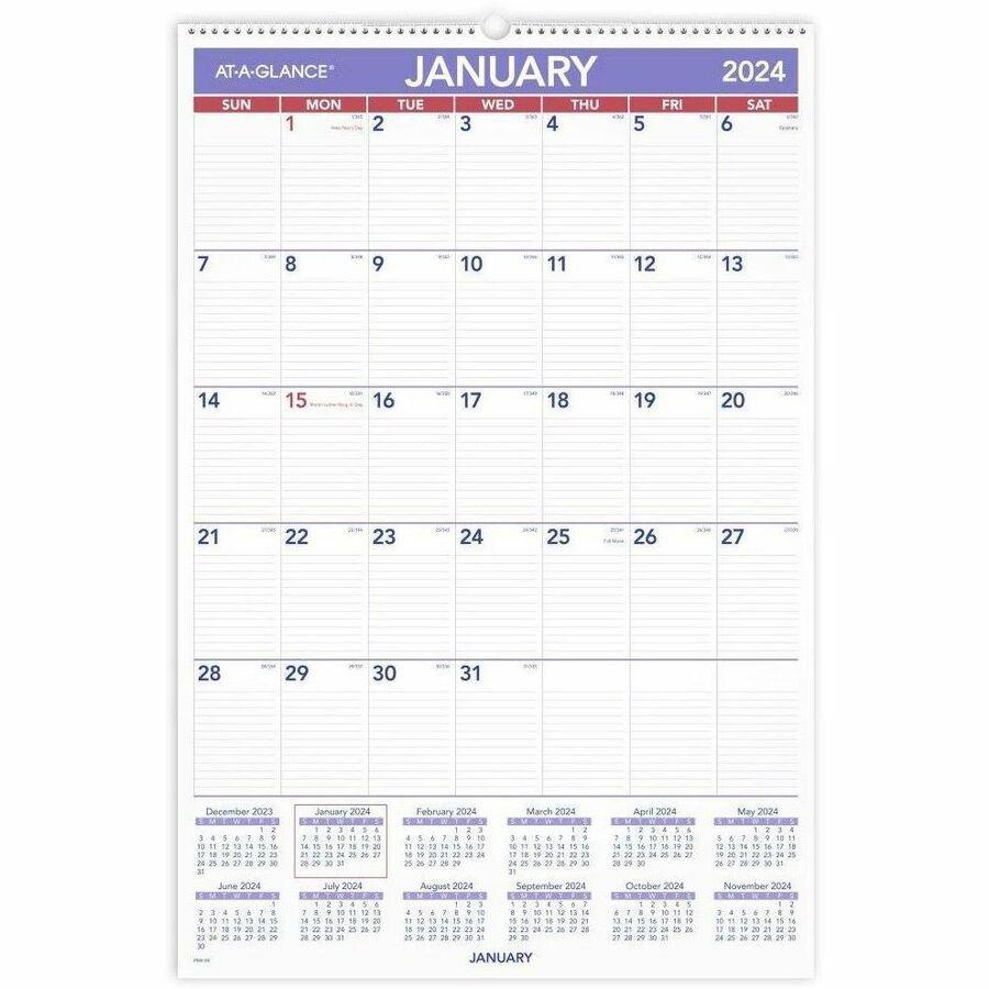 At-A-Glance Wall Calendar - Large Size - Julian Dates - Monthly - 12 Month - January 2024 - December 2024 - 1 Month Single Page Layout - 20" x 30" White Sheet - 2.69" x 4.38" Block - Wire Bound - Whit. Picture 1