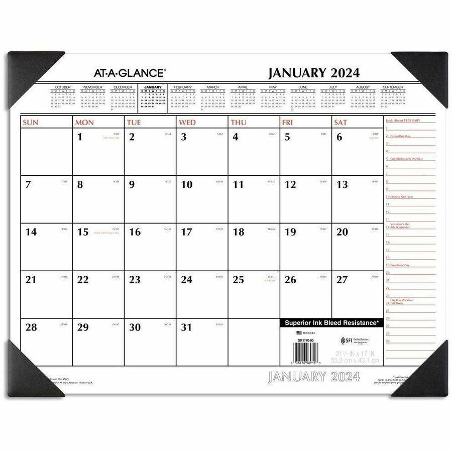 At-A-Glance 2-Color Desk Pad - Extra Large Size - Julian Dates - Yearly - 12 Month - January 2024 - December 2024 - 1 Month Single Page Layout - 48" x 32" White Sheet - 2.38" x 2.63" Block - Desk Pad . Picture 1