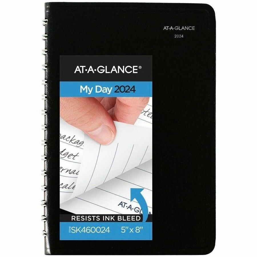 DayMinder 2024 Basic Daily Planner, Black, Small, 5" x 8" - Small Size - Julian Dates - Daily - 12 Month - January 2024 - December 2024 - 1 Day Single Page Layout - 5" x 8" White Sheet - Wire Bound - . Picture 1