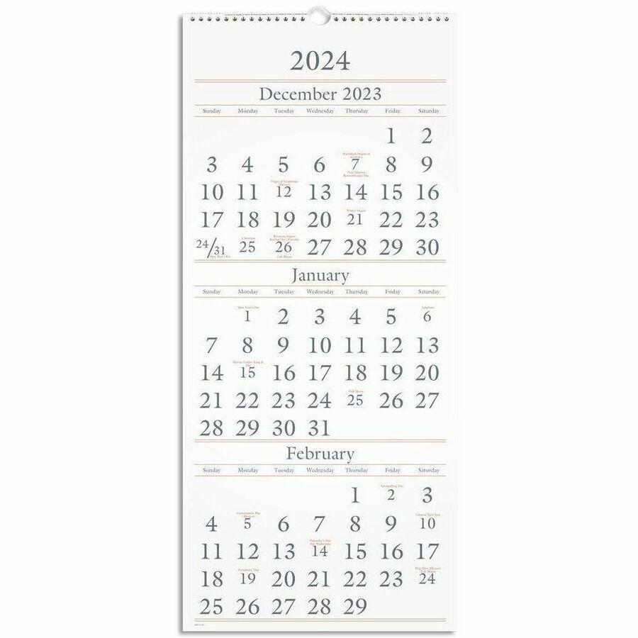 At-A-Glance 3-Month Wall Calendar - Large Size - Monthly - 15 Month - December 2023 - February 2025 - 3 Month Single Page Layout - 12" x 27" White Sheet - Wire Bound - Blue, White - Paper - Hanging Lo. Picture 1