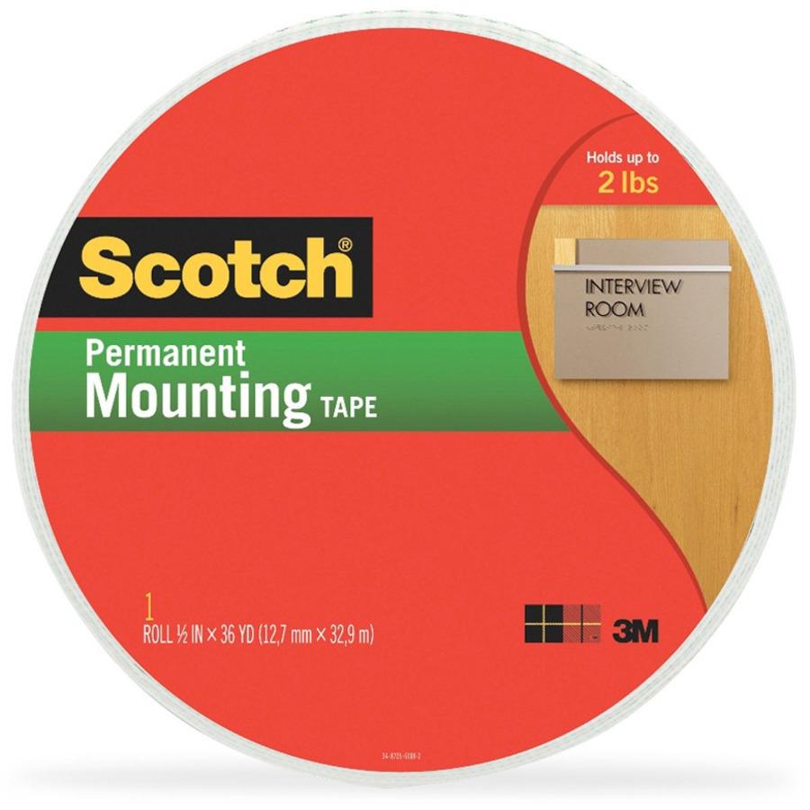 Scotch Double-Coated Foam Mounting Tape - 36 yd Length x 0.50" Width - 62.5 mil Thickness - 1" Core - Polyurethane - Long Lasting, Temperature Resistant - For Mounting - 1 / Roll - White. Picture 1