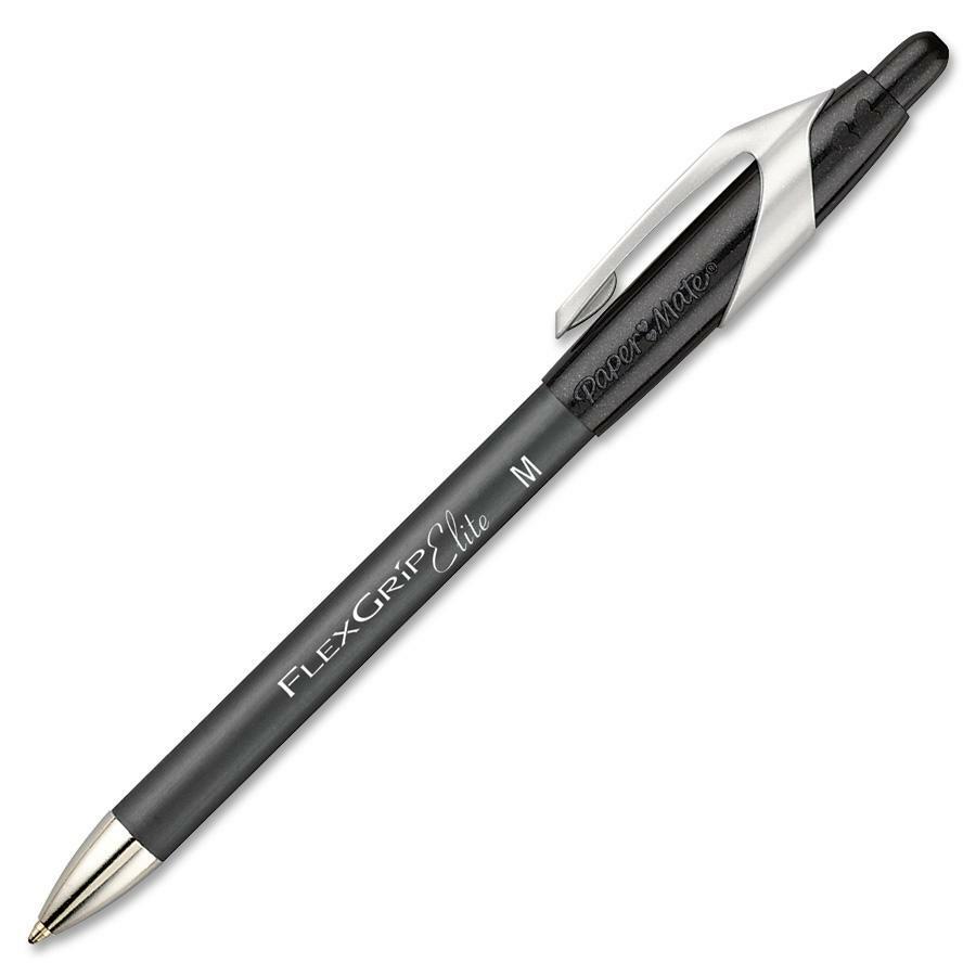 Paper Mate FlexGrip Elite Retractable Ballpoint Pens - Medium Pen Point - Refillable - Retractable - Black - Black Rubber Barrel - Metal Tip - 12 / Box. Picture 1