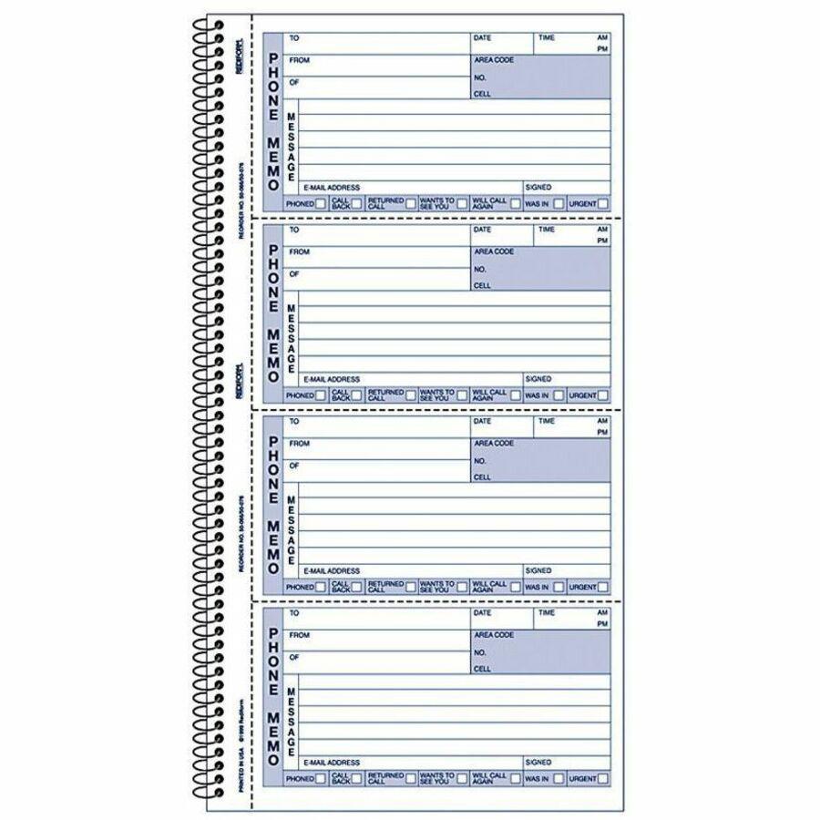 Rediform Memo Style Phone Message Book - 400 Sheet(s) - Spiral Bound - 2 PartCarbonless Copy - 5.75" x 11" Sheet Size - White, Canary - Blue Print Color - 1 Each. Picture 1