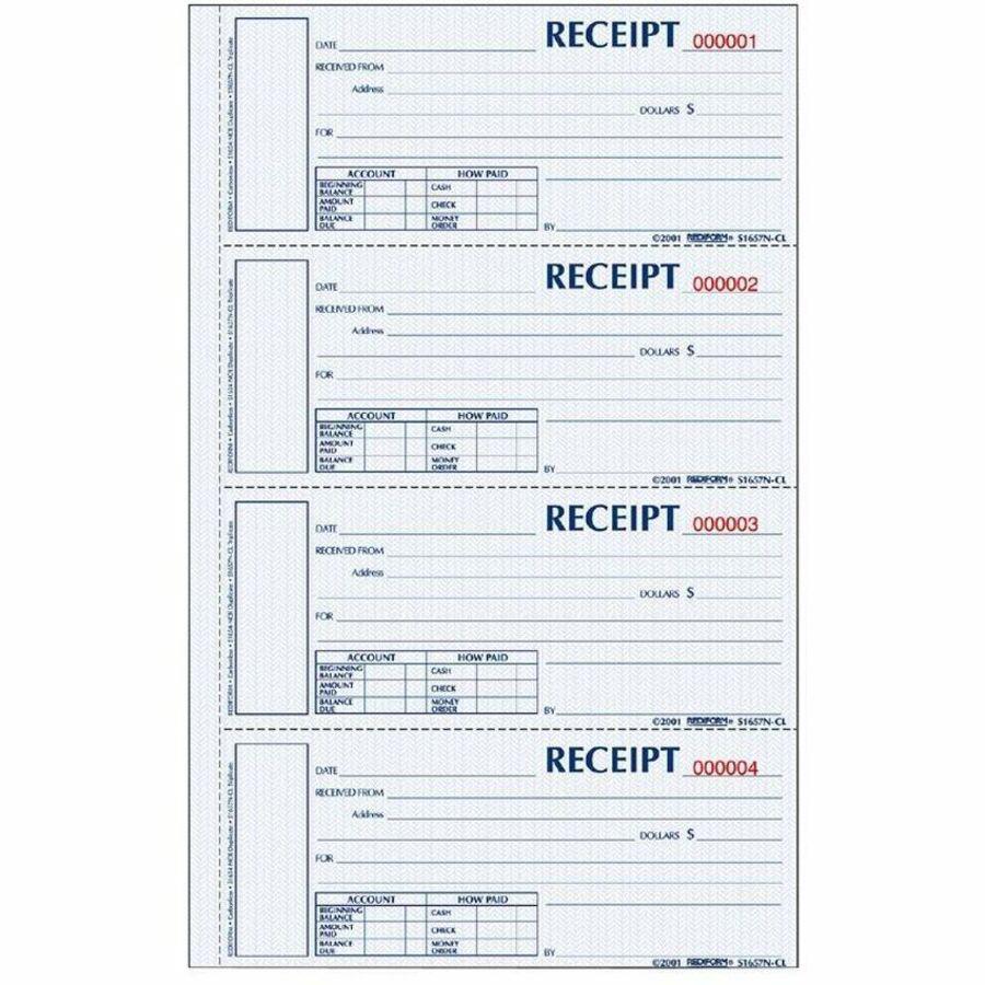 Rediform Hardbound Numbered Money Receipt Books - 200 Sheet(s) - 3 PartCarbonless Copy - 2.75" x 6.87" Form Size - 8" x 11" Sheet Size - White, Canary, Pink - Red Print Color - 1 Each. Picture 1