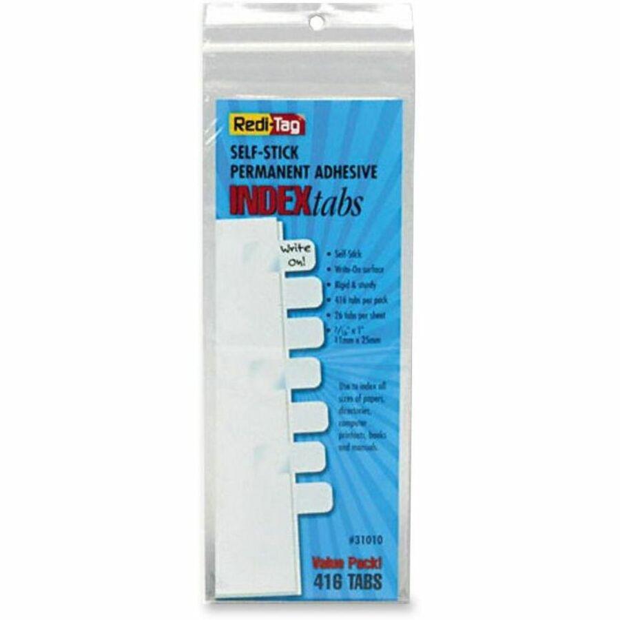 Redi-Tag Permanent Stick Write-On Index Tabs - 416 Write-on Tab(s) - 1" Tab Height x 0.43" Tab Width - Self-adhesive, Permanent - White Plastic Tab(s) - 416 / Pack. Picture 1