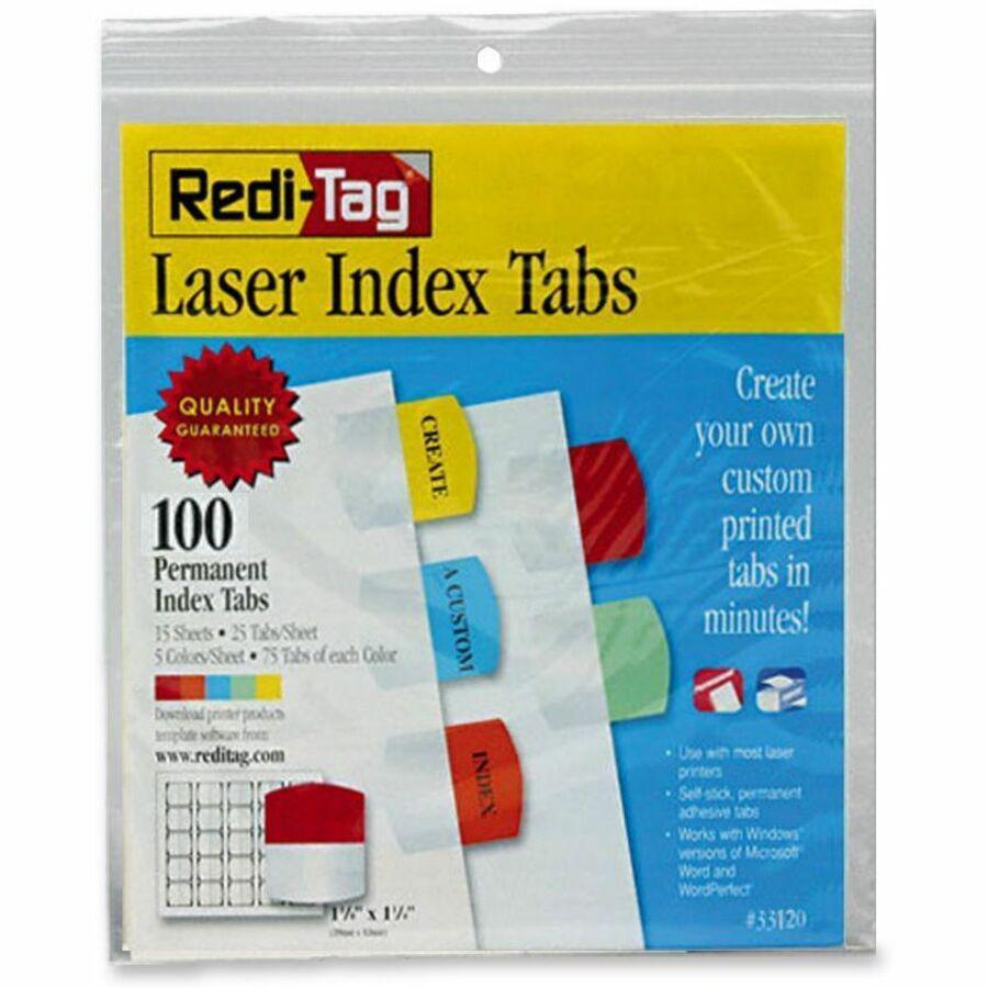 Redi-Tag Laser Printable Index Tabs - 100 Blank Tab(s) - 1.25" Tab Height x 1.12" Tab Width - Self-adhesive, Permanent - Red, Blue, Mint, Orange, Yellow Tab(s) - 100 / Pack. Picture 1