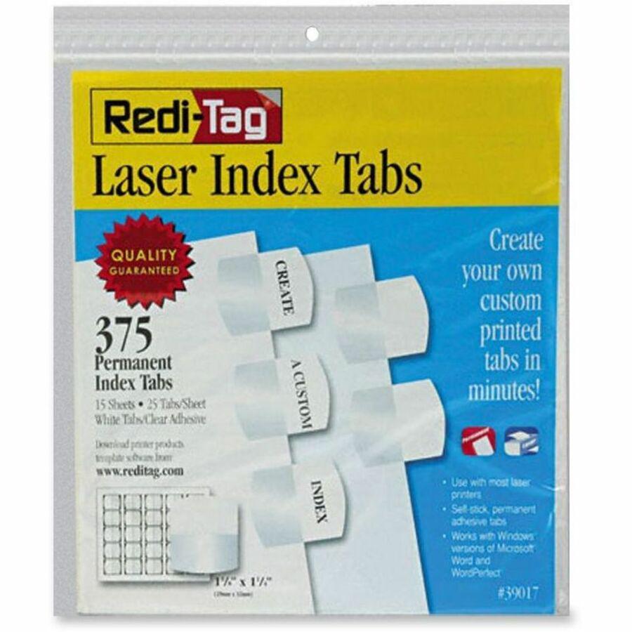 Redi-Tag Laser Printable Index Tabs - 375 Blank Tab(s) - 1.25" Tab Height x 1.12" Tab Width - Self-adhesive, Permanent - White Tab(s) - Non-toxic - 375 / Pack. Picture 1