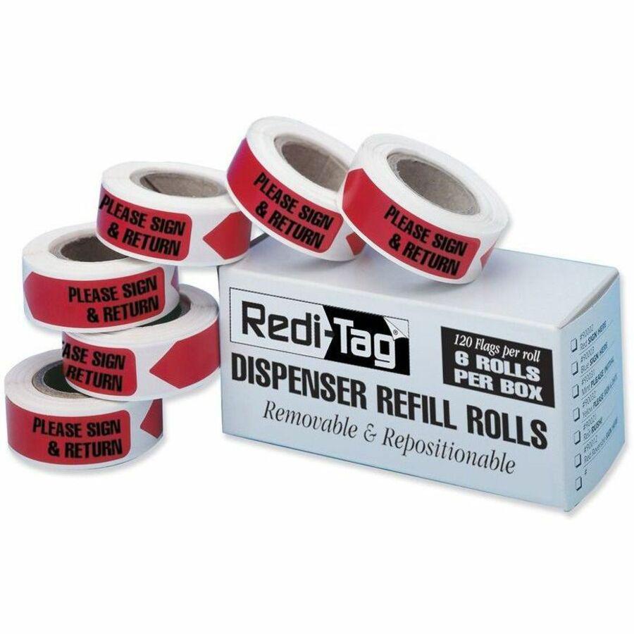 Redi-Tag Sign/Return Refill Flags - 120 x Red - 1 7/8" x 9/16" - Arrow - "Sign & Return" - Red - Removable, Self-adhesive - 6 / Box. Picture 1