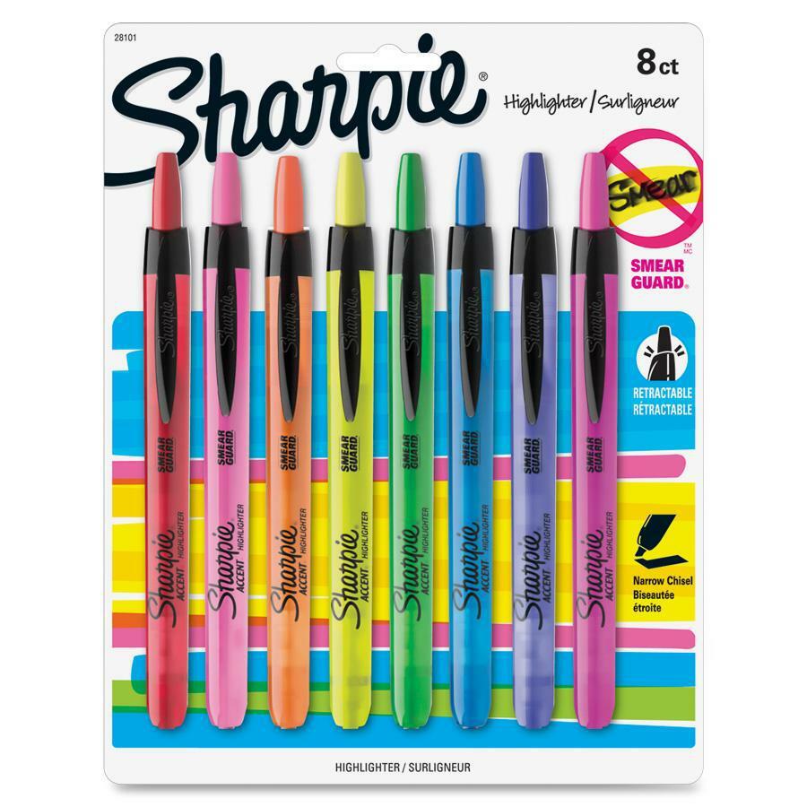 Sharpie Smear Guard Retractable Highlighters - Chisel Marker Point Style - Retractable - Assorted - Assorted Barrel - 8 / Set. Picture 1