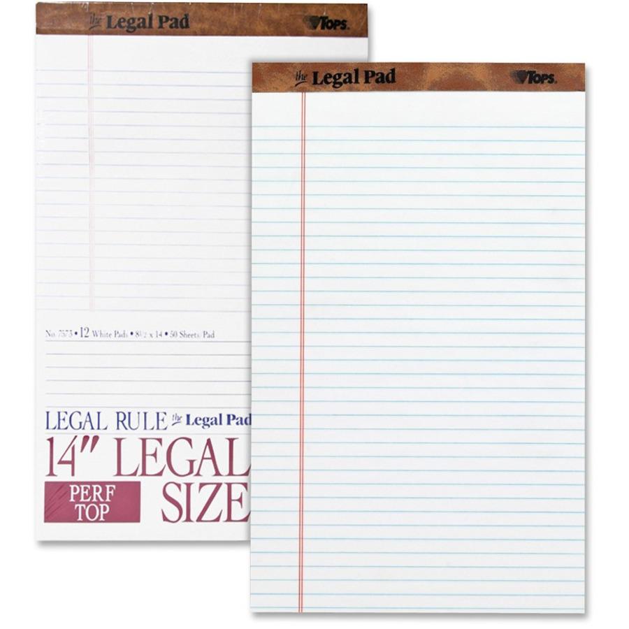 TOPS The Legal Pad Writing Pad - 50 Sheets - Double Stitched - 0.34" Ruled - 16 lb Basis Weight - Legal - 8 1/2" x 14" - White Paper - Chipboard Cover - Perforated, Hard Cover, Removable - 1 Dozen. Picture 1