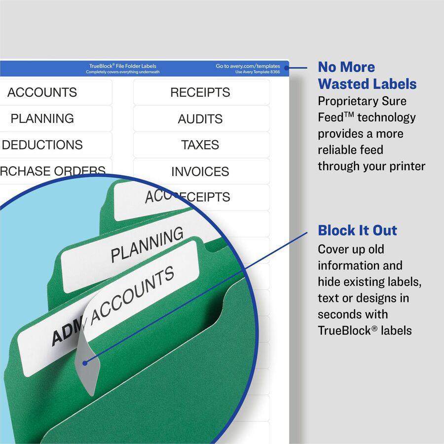 Avery&reg; TrueBlock File Folder Labels - Permanent Adhesive - Rectangle - Laser, Inkjet - Blue - Paper - 30 / Sheet - 50 Total Sheets - 1500 Total Label(s) - 1500 / Box. Picture 4