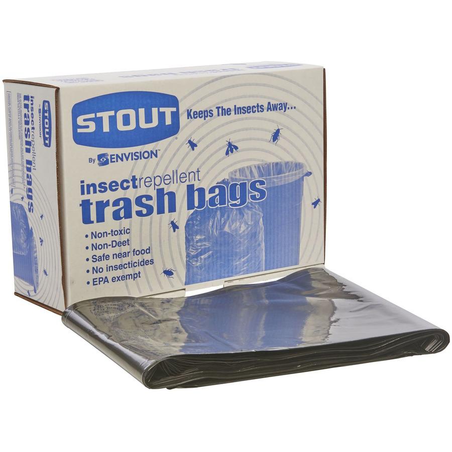 Stout Insect Repellent Trash Bags - 45 gal Capacity - 33" Width x 45" Length - 2 mil (51 Micron) Thickness - Black - Polyethylene - 65/Carton - Recycled. Picture 4
