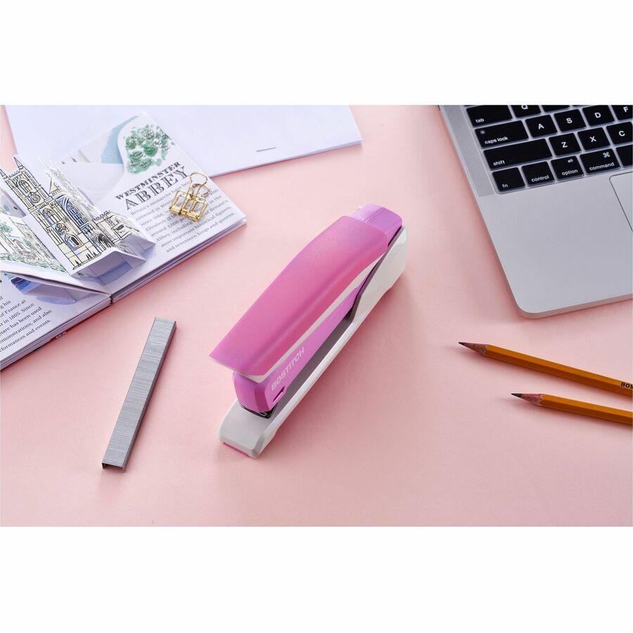 Bostitch InCourage Spring-Powered Antimicrobial Desktop Stapler - 20 of 20lb Paper Sheets Capacity - 210 Staple Capacity - Full Strip - 1 Each - Pink, White. Picture 4