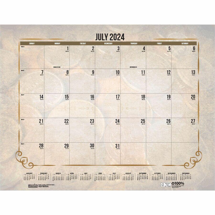 House of Doolittle Vintage Monthly Desk Pad Calendar - Julian Dates - Monthly - 12 Month - January - December - 1 Month Single Page Layout - 22" x 17" Sheet Size - Headband - Desk Pad - Brown - Leathe. Picture 4