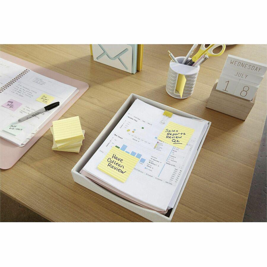 Post-it&reg; Notes Original Lined Notepads - 100 - 3" x 5" - Rectangle - 100 Sheets per Pad - Ruled - Yellow - Paper - Self-adhesive, Repositionable - 12 / Pack. Picture 3