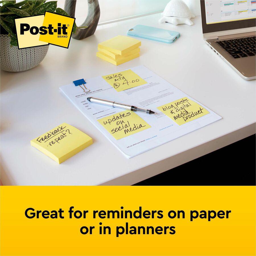 Post-it&reg; Notes Original Notepads - 3" x 3" - Square - 100 Sheets per Pad - Unruled - Canary Yellow - Paper - Self-adhesive, Repositionable - 12 / Pack. Picture 4