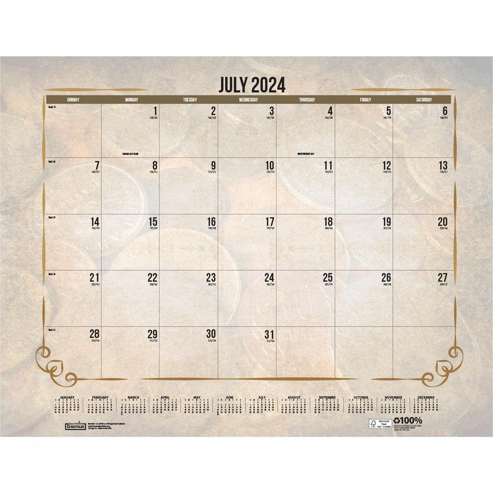 House of Doolittle Vintage Monthly Desk Pad Calendar - Julian Dates - Monthly - 12 Month - January - December - 1 Month Single Page Layout - 22" x 17" Sheet Size - Headband - Desk Pad - Brown - Leathe. Picture 3