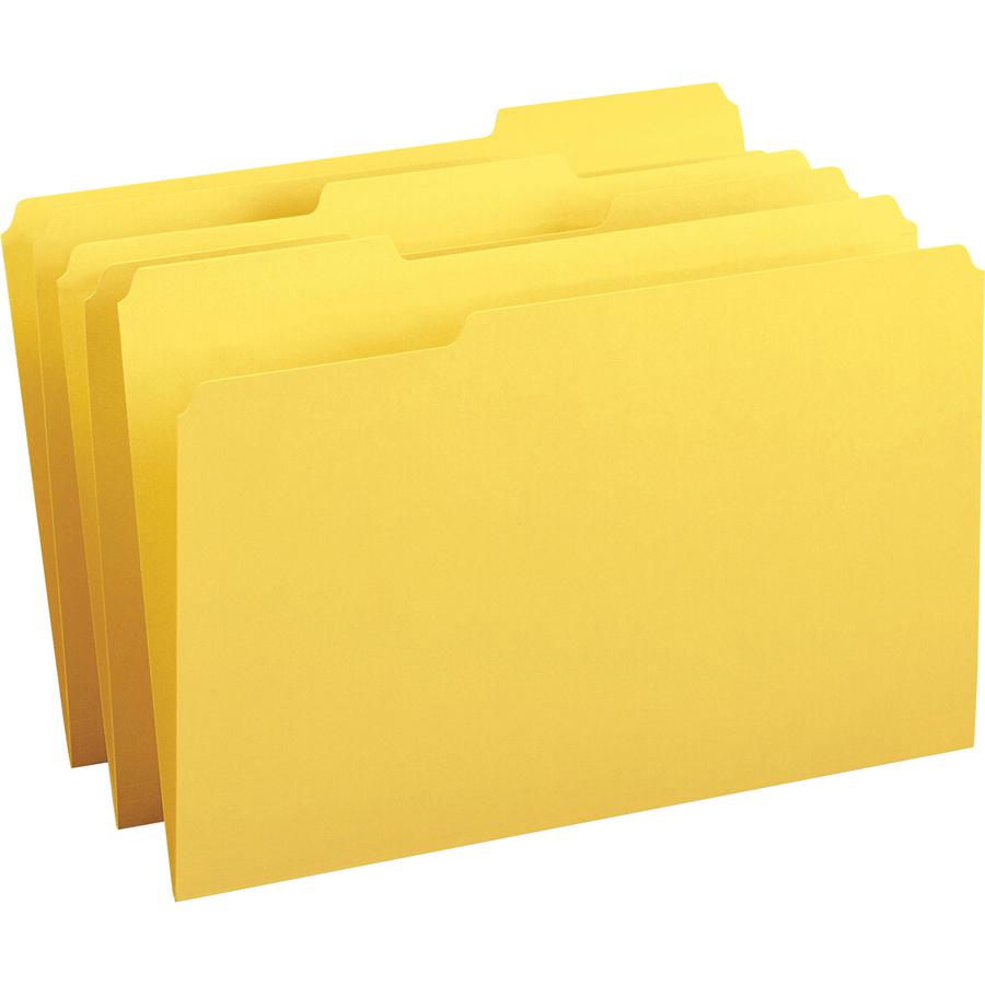 Smead Colored 1/3 Tab Cut Legal Recycled Top Tab File Folder - 8 1/2" x 14" - 3/4" Expansion - Top Tab Location - Assorted Position Tab Position - Vinyl - Yellow - 10% Recycled - 100 / Box. Picture 9