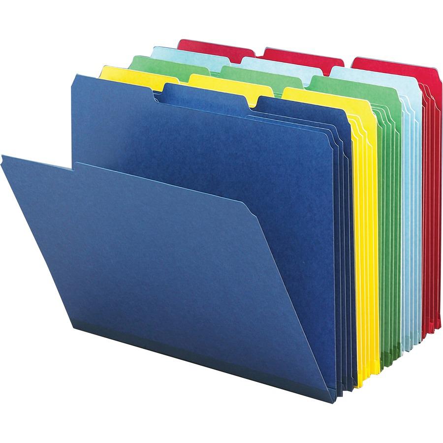 Smead Colored 1/3 Tab Cut Letter Recycled Top Tab File Folder - 8 1/2" x 11" - 1" Expansion - Top Tab Location - Assorted Position Tab Position - Pressboard - Blue - 100% Recycled - 25 / Box. Picture 3