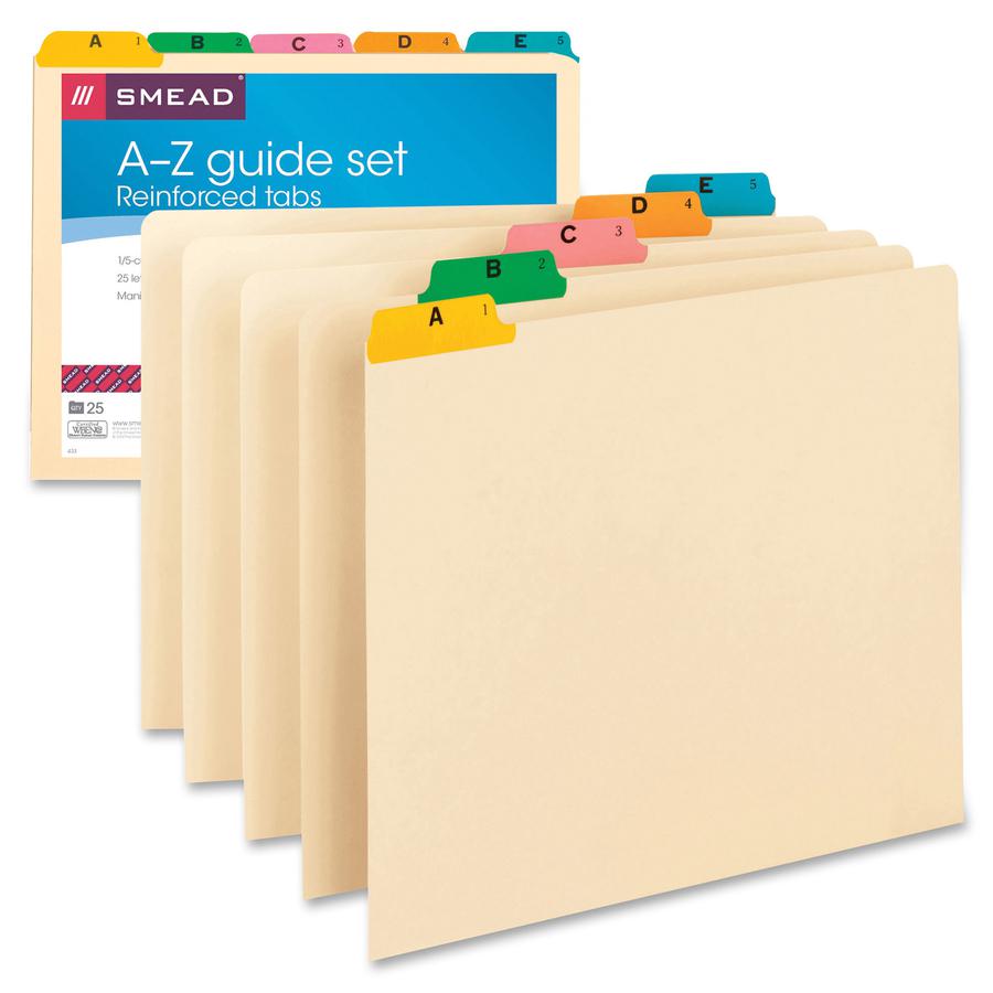 Smead Filing Guides with Alphabetic Indexing - 25 Printed Assorted Tab(s) - Character - A-Z - 25 Tab(s)/Set - Letter - Yellow Manila, Green, Pink, Salmon, Blue Tab(s) - 25 / Set. Picture 5