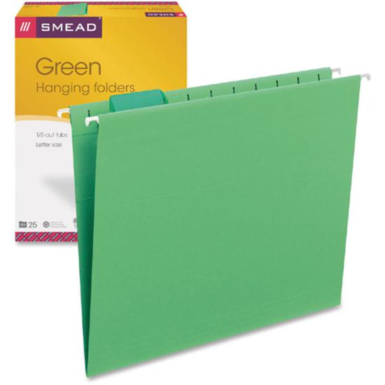 Smead Colored 1/5 Tab Cut Letter Recycled Hanging Folder - 8 1/2" x 11" - Top Tab Location - Assorted Position Tab Position - Vinyl - Green - 10% Recycled - 25 / Box. Picture 11
