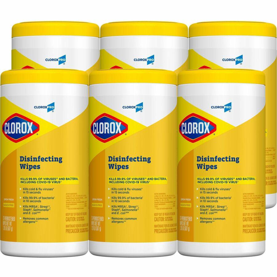 CloroxPro&trade; Disinfecting Wipes - For Multipurpose - Ready-To-Use - Lemon Fresh Scent - 75 / Canister - 6 / Carton - Pleasant Scent, Disinfectant, Pre-moistened, Textured, Streak-free, Bleach-free. Picture 14