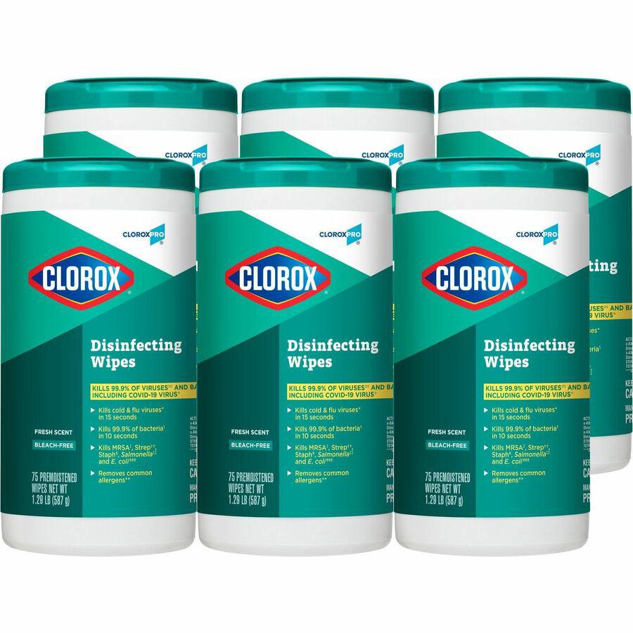 CloroxPro&trade; Disinfecting Wipes - For Hard Surface, Glass, Mirror - Ready-To-Use - Fresh Scent - 75 / Canister - 6 / Carton - Pleasant Scent, Disinfectant, Pre-moistened, Textured, Streak-free, Bl. Picture 15