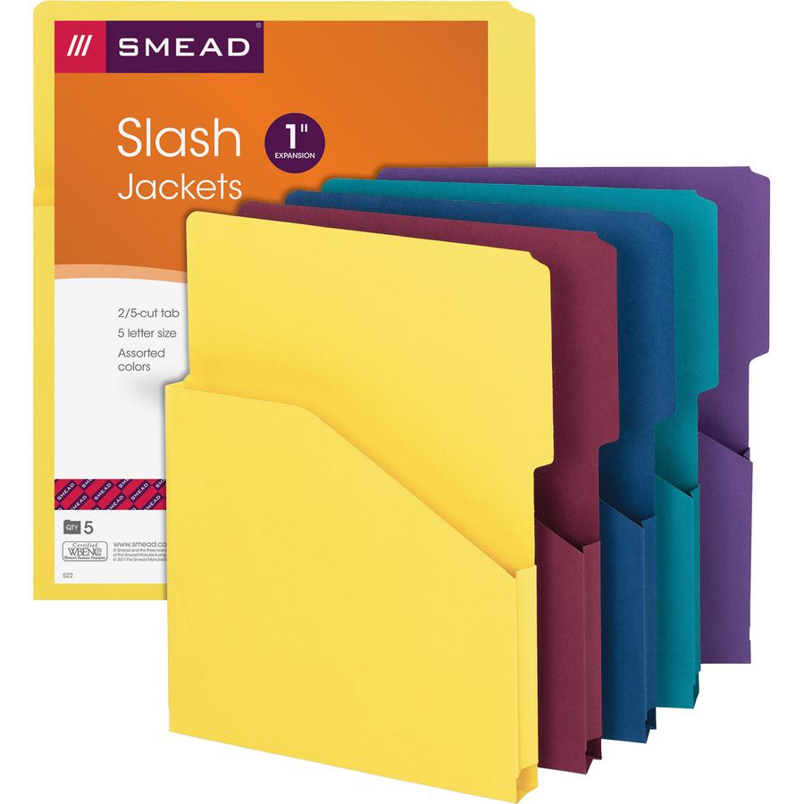 Smead 2/5 Tab Cut Letter Recycled File Pocket - 8 1/2" x 11" - 1" Expansion - Assorted - 10% Recycled - 5 / Pack. Picture 4