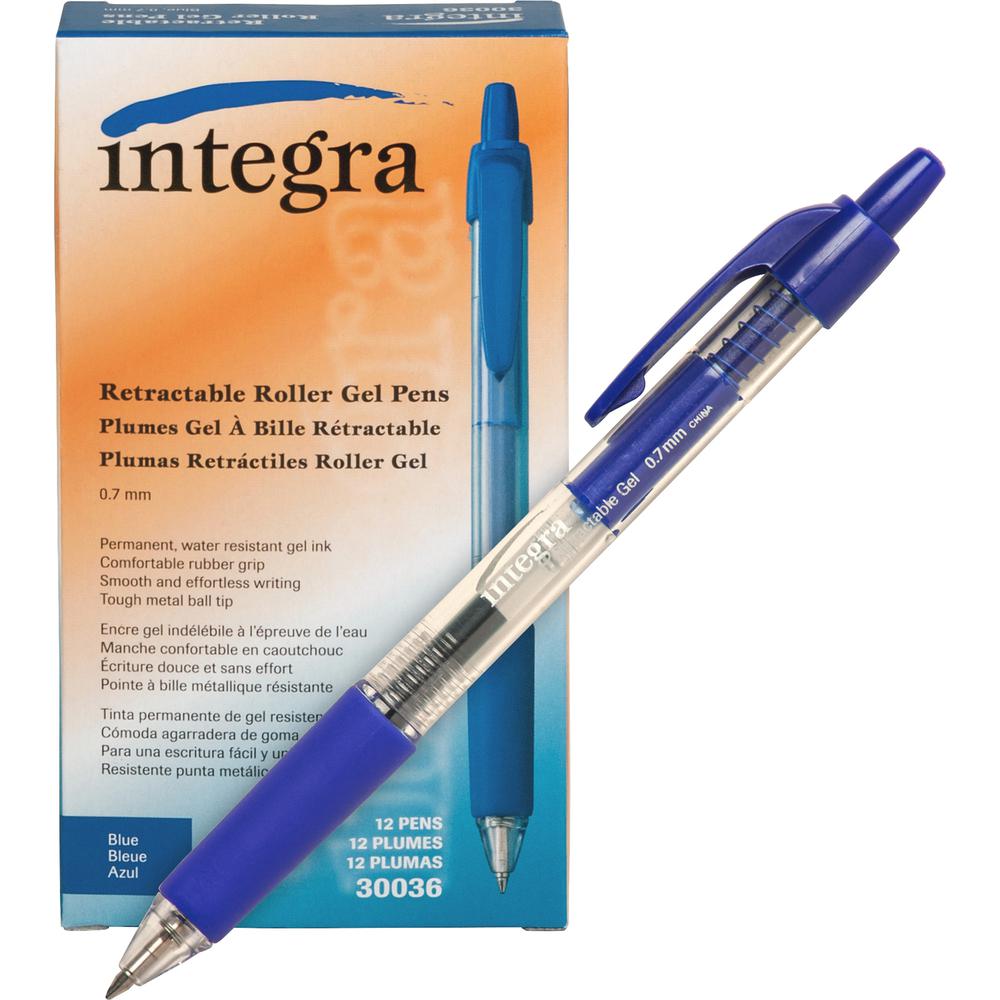 Integra Retractable 0.7mm Gel Pens - Medium Pen Point - 0.7 mm Pen Point Size - Retractable - Blue Gel-based Ink - Clear Barrel - Metal Tip - 1 Dozen. Picture 2
