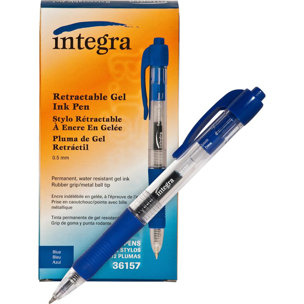 Integra Retractable 0.5mm Gel Pens - Fine Pen Point - 0.5 mm Pen Point Size - Retractable - Blue Gel-based Ink - Blue Barrel - Metal Tip - 1 Dozen. Picture 7
