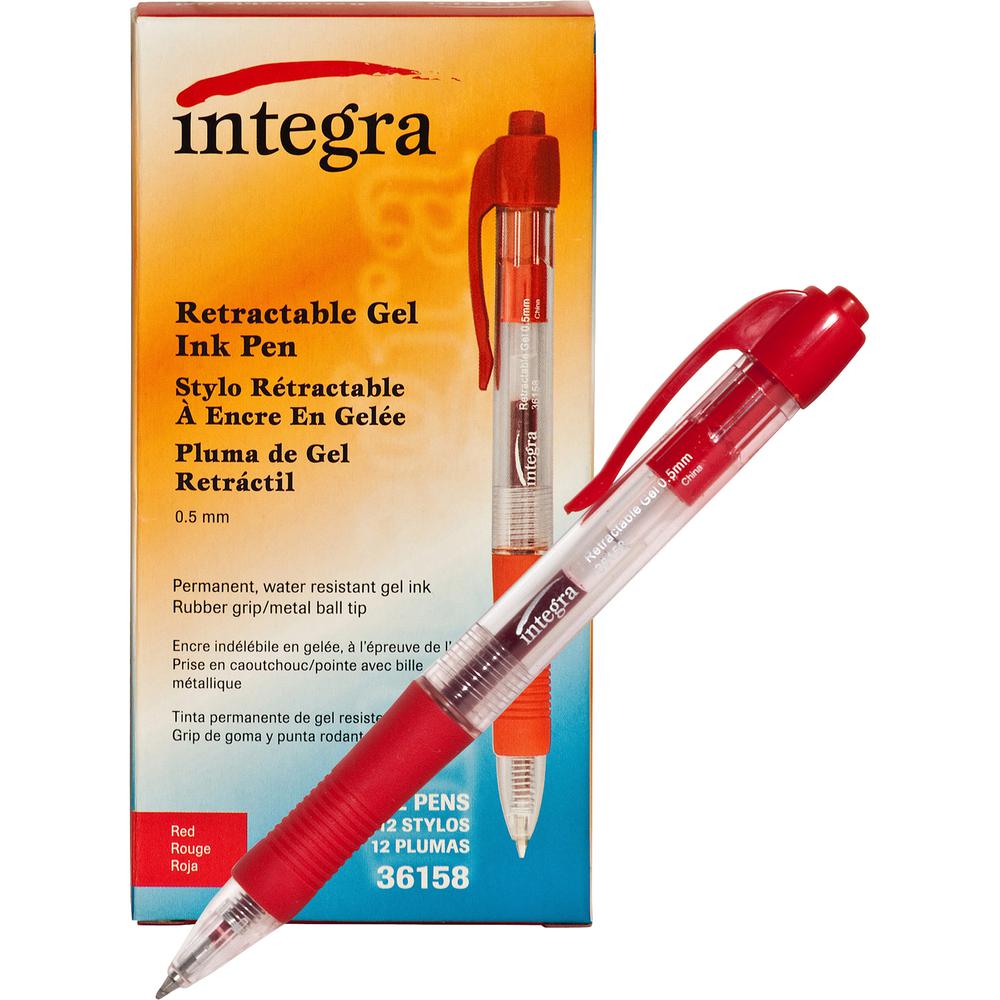 Integra Retractable 0.5mm Gel Pens - Fine Pen Point - 0.5 mm Pen Point Size - Retractable - Red - Red Barrel - Metal Tip - 1 Dozen. Picture 6
