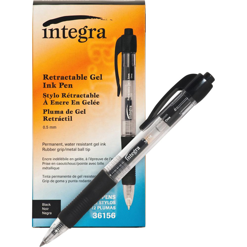 Integra Retractable 0.5mm Gel Pens - Fine Pen Point - 0.5 mm Pen Point Size - Retractable - Black Gel-based Ink - Black Barrel - Metal Tip - 1 Dozen. Picture 5