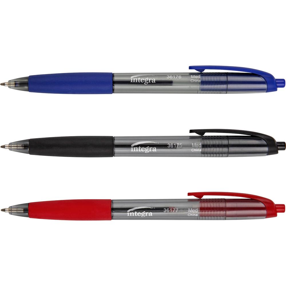 Integra Rubber Grip Retractable Pens - Medium Pen Point - 1 mm Pen Point Size - Retractable - Black - Black Barrel - 1 Dozen. Picture 3