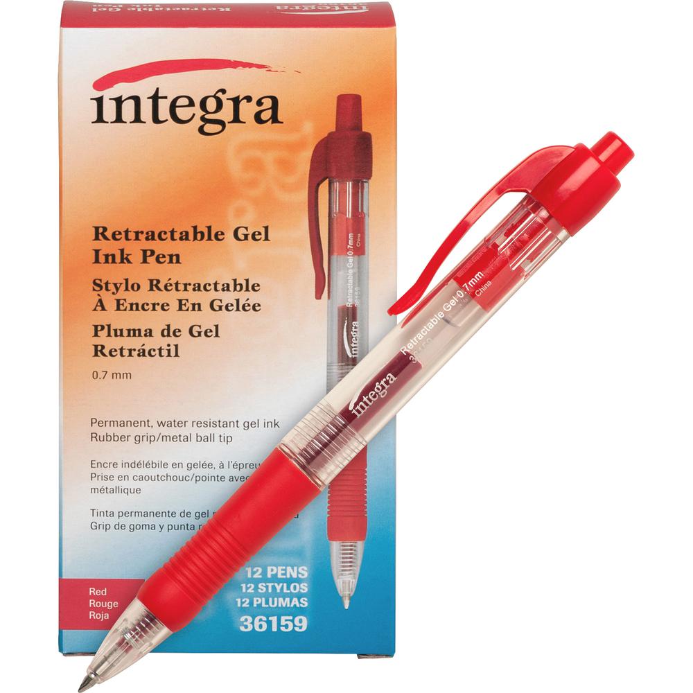 Integra Retractable 0.7mm Gel Pens - Medium Pen Point - 0.7 mm Pen Point Size - Retractable - Red Gel-based Ink - Red Barrel - Metal Tip - 1 Dozen. Picture 4