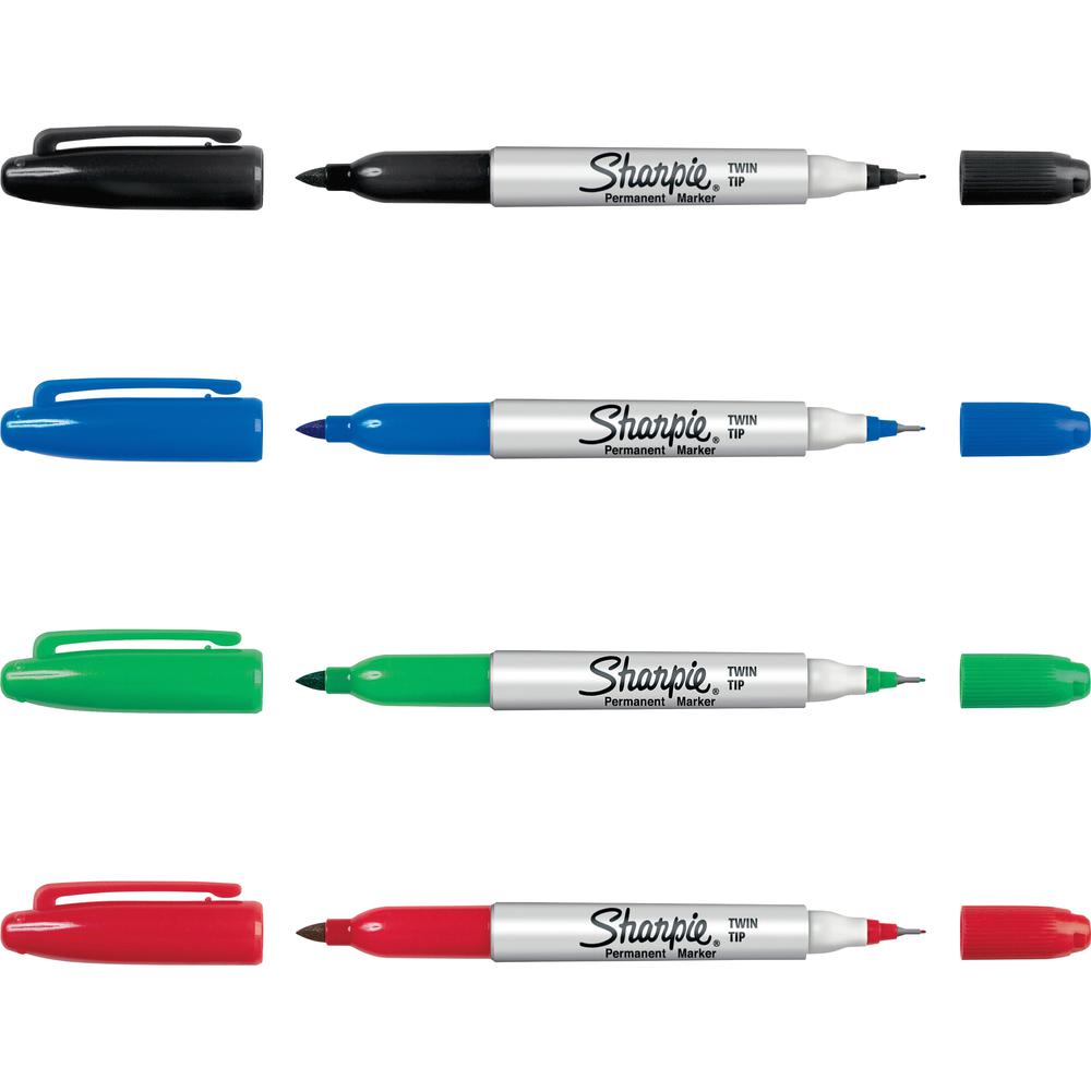 Sharpie Twin Tip Permant Maker - Ultra Fine, Fine Marker Point - 1 mm, 0.3 mm Marker Point Size - Black, Red, Blue, Green Alcohol Based Ink - 4 / Set. Picture 4