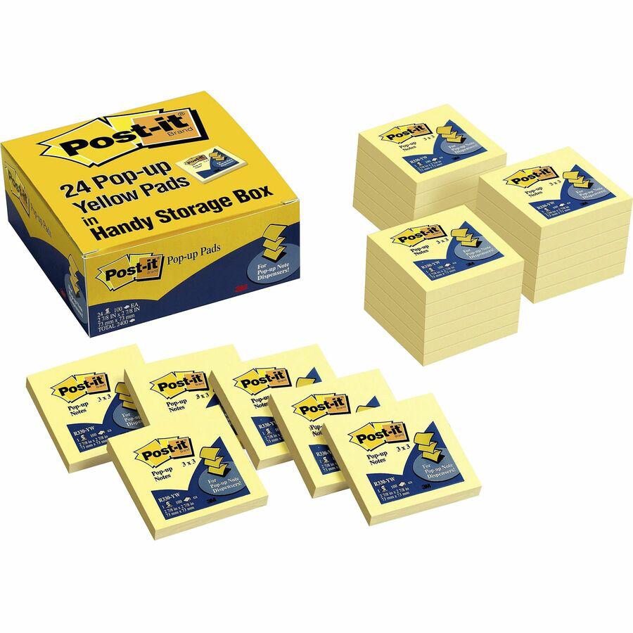 Post-it&reg; Dispenser Notes Value Pack - 2400 - 3" x 3" - Square - 100 Sheets per Pad - Unruled - Canary Yellow - Paper - Self-adhesive, Repositionable - 24 / Pack. Picture 2
