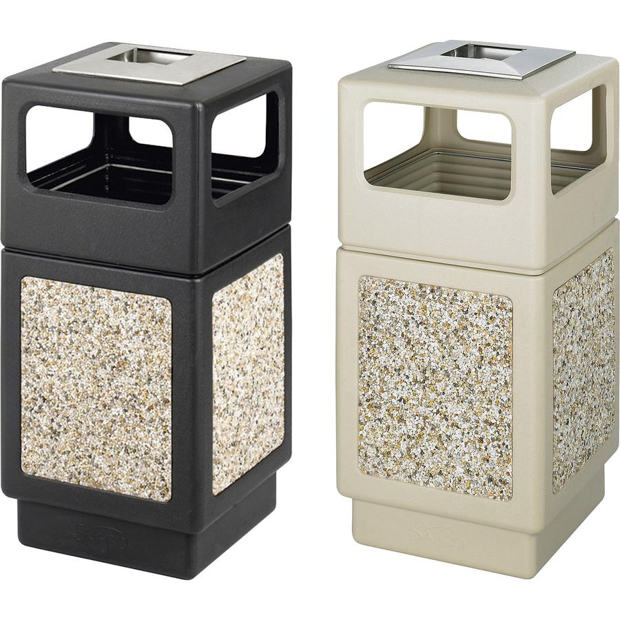Safco Plastic/Stone Aggregate Receptacles - 38 gal Capacity - Square - 39.3" Height x 18.3" Width x 18.3" Depth - Polyethylene, Stainless Steel - Tan - 1 Each. Picture 2