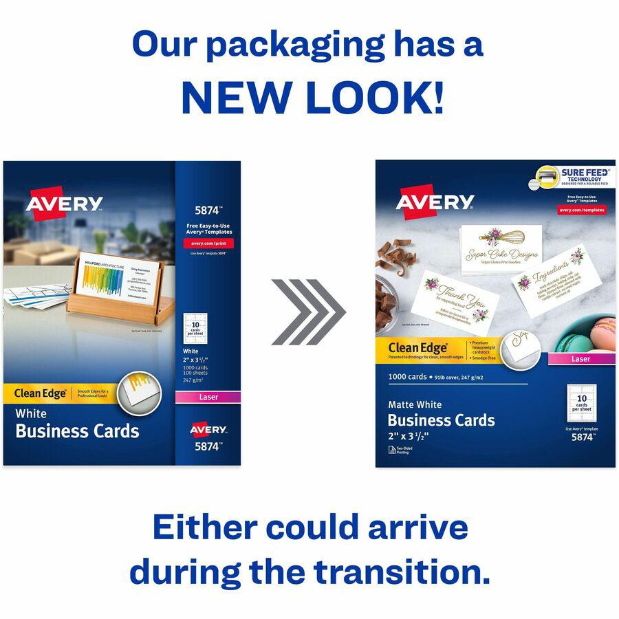 Avery&reg; Clean Edge Business Cards - 145 Brightness - 3 1/2" x 2" - 1000 / Box - Heavyweight, Rounded Corner, Smooth Edge, Jam-free, Smudge-free, Uncoated, Printable - White. Picture 3