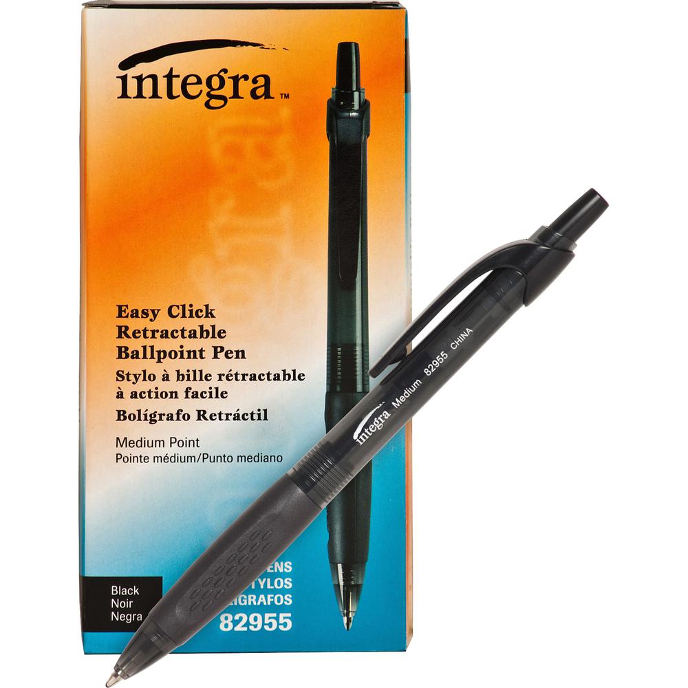 Integra Easy Click Retractable Ballpoint Pen - Medium Pen Point - Retractable - Black - Black Barrel - 1 Dozen. Picture 3