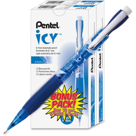 Pentel Icy Mechanical Pencil - #2 Lead - 0.7 mm Lead Diameter - Refillable - Translucent Blue Barrel - 24 / Pack. Picture 3