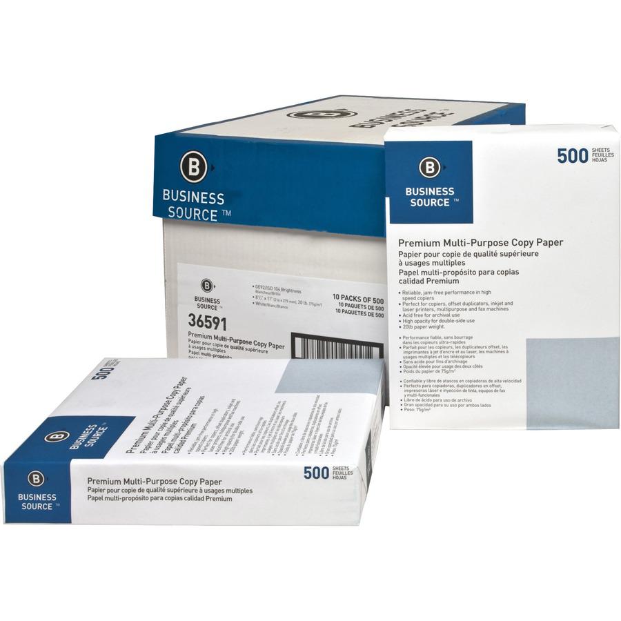 Business Source Multipurpose Copy Paper - 92 Brightness - Letter - 8 1/2" x 11" - 20 lb Basis Weight - 5000 / Carton - Acid-free - White. Picture 6