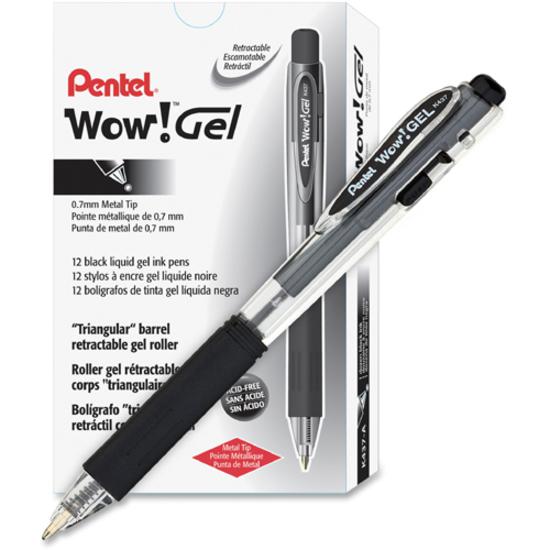 Pentel Wow! Gel Pens - Medium Pen Point - 0.7 mm Pen Point Size - Retractable - Black Gel-based Ink - Clear Barrel - 1 Dozen. Picture 3