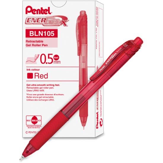 EnerGel EnerGel-X Retractable Gel Pens - Fine Pen Point - 0.5 mm Pen Point Size - Needle Pen Point Style - Refillable - Retractable - Red Gel-based Ink - Red Barrel - 1 Dozen. Picture 2
