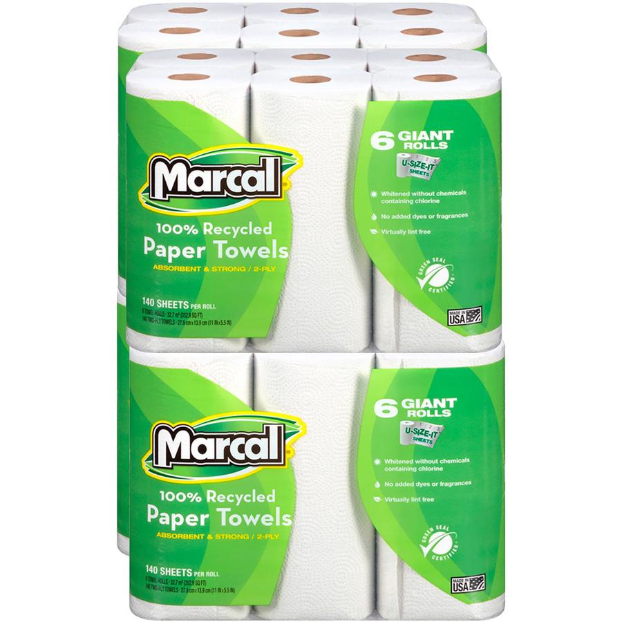 Marcal 100% Recycled Giant Roll Paper Towels - 2 Ply - 140 Sheets/Roll - White - Perforated, Dye-free, Fragrance-free, Strong, Lint-free, Absorbent - 6 Rolls Per Pack - 1 Pack. Picture 2